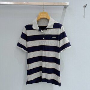 Miu Miu Blue-Grey Striped Polo Short-Sleeve Top